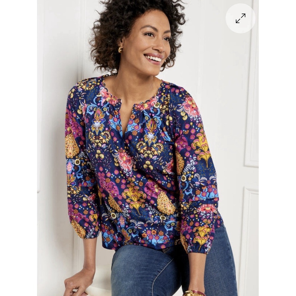 TALBOTS Blouse‎ PS Poplin Pleat­ed Sleeve Floral Medallion Boho Cotton Blue